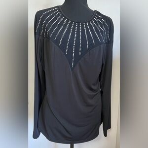 Black Long Sleeve Top with Rhinestone Detailing & mesh see thru material on top.
